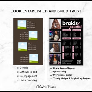 Puede incluir: Una lista de precios de trenzas en negro y rosa con varios estilos y precios de trenzas. El dise&ntilde;o incluye im&aacute;genes de diferentes estilos de trenzas, un nombre de marca e informaci&oacute;n de contacto. El dise&ntilde;o es profesional y llamativo.