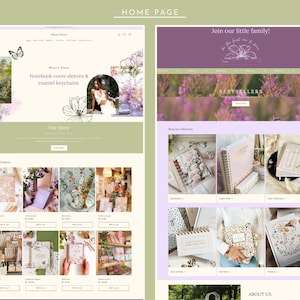 May include: A website homepage for a shop selling notebook covers, sleeves, and enamel keychains. The website features a floral design and the text "Join our little family!" and "Bestsellers".