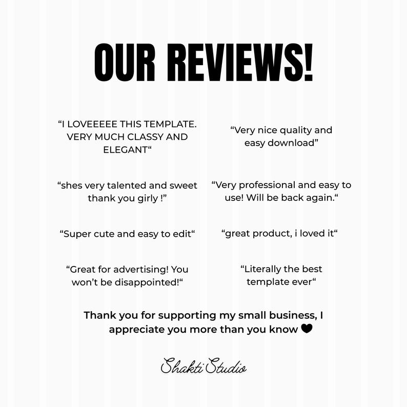 May include: White background with the text "OUR REVIEWS!" in bold black letters. Below are customer reviews, including phrases like "Very nice quality and easy download" and "Super cute and easy to edit". The Shakti Studio logo is at the bottom.