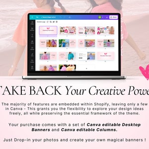 May include: A laptop computer screen displaying a Canva design template with a pink butterfly graphic and the text "Desktop Banners". The screen shows a grid of 16 different banner designs. The laptop is on a table with a pink and white background.