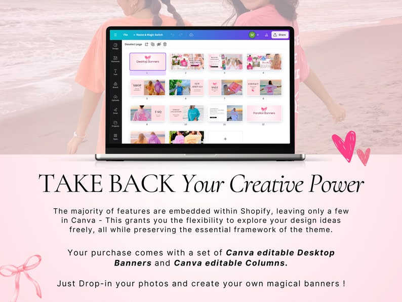 May include: A laptop computer screen displaying a Canva design template with a pink butterfly graphic and the text "Desktop Banners". The screen shows a grid of 16 different banner designs. The laptop is on a table with a pink and white background.