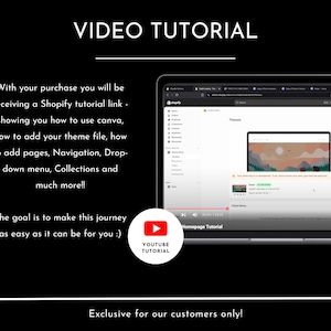 Puede incluir: Una captura de pantalla de una computadora que muestra un video tutorial de Shopify. El video se titula "Tutorial de la p&aacute;gina de inicio" y trata sobre c&oacute;mo usar Canva, agregar un archivo de tema, agregar p&aacute;ginas, navegaci&oacute;n, men&uacute;s desplegables, colecciones y m&aacute;s. El texto "&iexcl;Exclusivo para nuestros clientes!" est&aacute; en la parte inferior de la imagen.