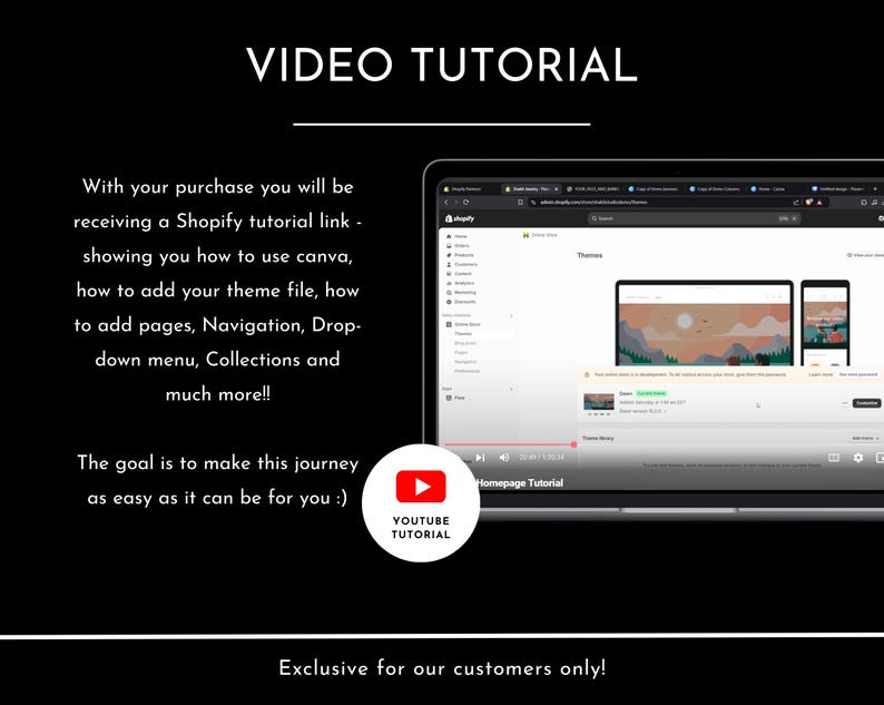 Puede incluir: Una captura de pantalla de una computadora que muestra un video tutorial de Shopify. El video se titula "Tutorial de la p&aacute;gina de inicio" y trata sobre c&oacute;mo usar Canva, agregar un archivo de tema, agregar p&aacute;ginas, navegaci&oacute;n, men&uacute;s desplegables, colecciones y m&aacute;s. El texto "&iexcl;Exclusivo para nuestros clientes!" est&aacute; en la parte inferior de la imagen.