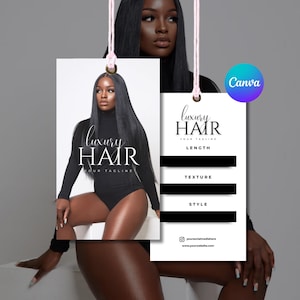 Peut inclure: Deux étiquettes de produit blanches suspendues par une ficelle rose. L'une présente une femme aux longs cheveux noirs et les mots "Luxury Hair" et "Your Tagline". L'autre porte les mots "Luxury Hair", "Length", "Texture" et "Style". Un logo Canva est en arrière-plan.