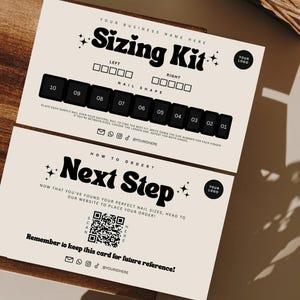 May include: Two rectangular off-white cards with black text and graphics. The top card is labeled Sizing Kit with numbered black squares from 01 to 10. The bottom card is labeled Next Step and features a QR code with instructions for ordering.