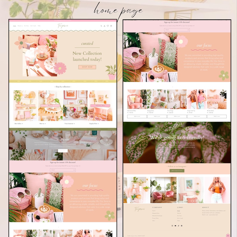 May include: A website homepage design with a soft pink and beige color scheme. The page features product displays, text that reads "curated New Collection launched today!" and "our focus", and decorative floral elements. The design promotes an eco-friendly theme.
