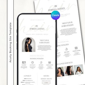 Könnte beinhalten: Eine digitale Acuity-Buchungsseiten-Vorlage für Friseurdienstleistungen von Amisha Chanel auf einem Smartphone-Bildschirm. Das Layout zeigt ein minimalistisches weißes Design mit schwarzem Text, Servicekategorien, Richtlinien und Fotos.