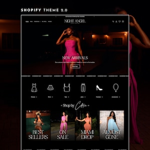 Puede incluir: Dise&ntilde;o de sitio web para una marca de moda, con fondo negro y texto e im&aacute;genes en blanco. El sitio web muestra vestidos, faldas, tops, jeans, calzado y accesorios. El texto incluye "Shopify Theme 2.0", "Night Angel" y "New Arrivals".