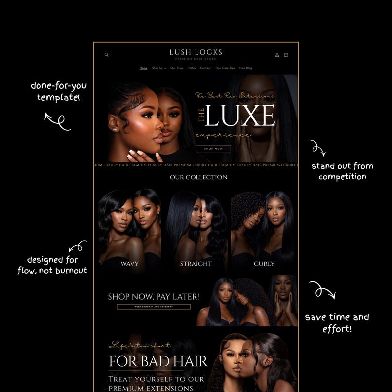Puede incluir: Una maqueta de sitio web para Lush Locks, una tienda de cabello premium, con im&aacute;genes de mujeres con varios peinados. El sitio muestra extensiones de cabello, con secciones para cabello ondulado, liso y rizado. El texto incluye "The Luxe experience" y "Shop Now, Pay Later!"