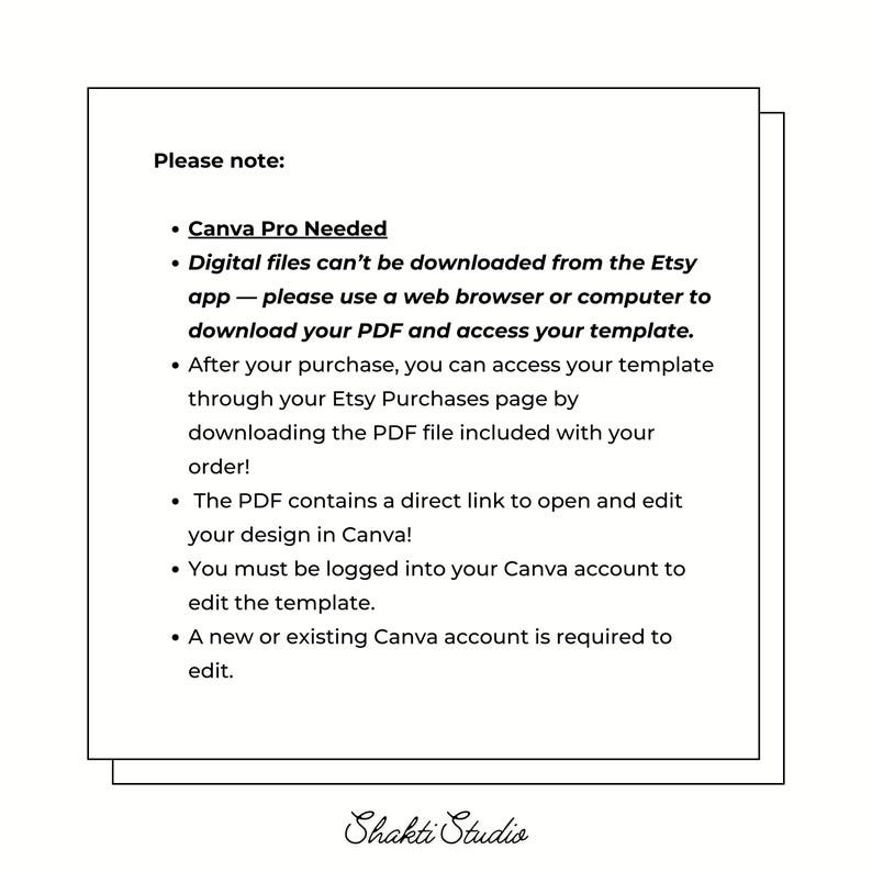 Puede incluir: Un documento rectangular blanco con texto negro, que incluye las palabras "Tenga en cuenta:" y vi&ntilde;etas que detallan las instrucciones para acceder y editar una plantilla en Canva. El logotipo de Shakti Studio est&aacute; en la parte inferior.