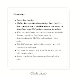 Op de afbeelding: Een wit papier met zwarte tekst met instructies voor het gebruik van een digitale sjabloon in Canva. De tekst bevat aantekeningen over Canva Pro, het downloaden van bestanden en toegang tot de sjabloon na aankoop. Het Shakti Studio-logo staat onderaan.