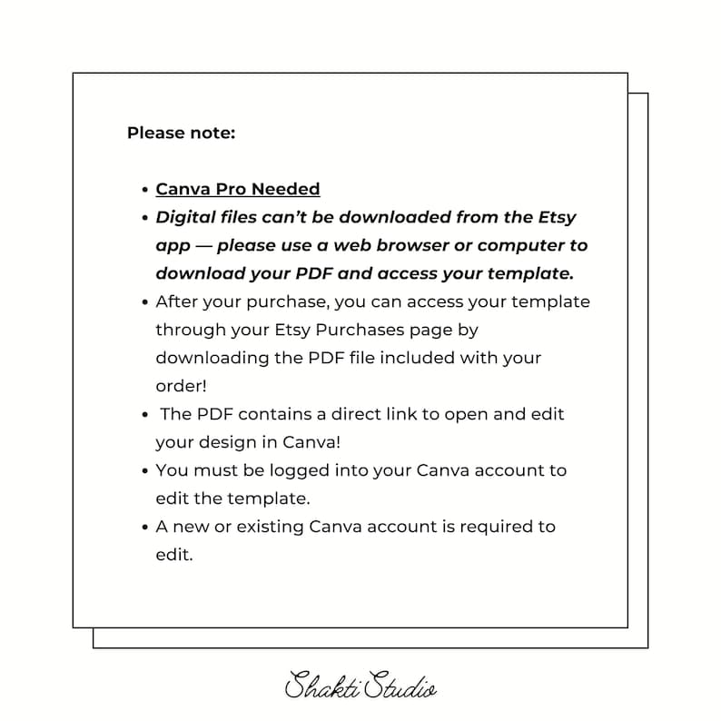 Op de afbeelding: Een wit papier met zwarte tekst met instructies voor het gebruik van een digitale sjabloon in Canva. De tekst bevat aantekeningen over Canva Pro, het downloaden van bestanden en toegang tot de sjabloon na aankoop. Het Shakti Studio-logo staat onderaan.