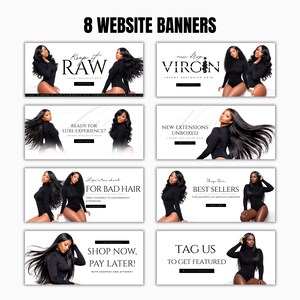 Puede incluir: Ocho banners de sitio web con im&aacute;genes de mujeres con cabello largo y negro. Cada banner incluye texto como "Keep it RAW", "New Drop VIRGIN" y "Shop Now, Pay Later!". Los banners promocionan extensiones de cabello.