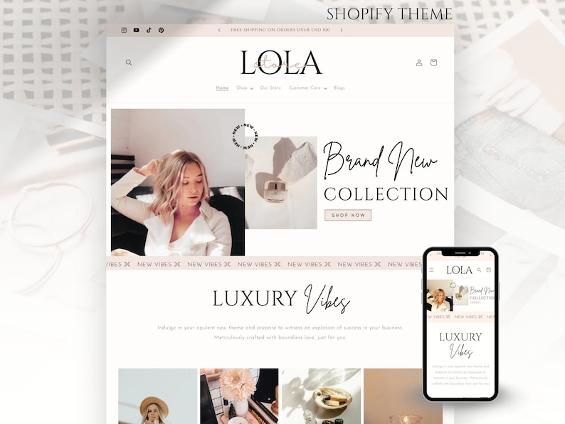 Luxuriöses Shopify-Theme | Boutique-Website-Design in Weiß und Rosa | Anpassbare Shopify-Vorlage im Boho-Stil mit editierbaren Canva-Bannern | Shopify 2.0 Bild 1