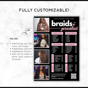 Puede incluir: Una lista de precios de trenzas en negro y rosa con una foto de una mujer con trenzas largas. El texto incluye estilos cl&aacute;sicos, trenzas sin nudos, trenzas de alimentaci&oacute;n y otras ofertas especiales. El texto tambi&eacute;n dice "&iexcl;Totalmente personalizable!"