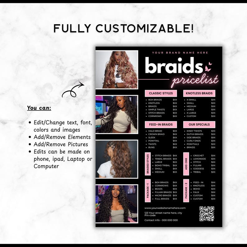 Puede incluir: Una lista de precios de trenzas en negro y rosa con una foto de una mujer con trenzas largas. El texto incluye estilos cl&aacute;sicos, trenzas sin nudos, trenzas de alimentaci&oacute;n y otras ofertas especiales. El texto tambi&eacute;n dice "&iexcl;Totalmente personalizable!"