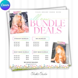Peut inclure: Flyer promotionnel avec le texte "all new BUNDLE DEALS" en rose. Il présente des offres sur les paquets de cheveux et les perruques, avec des informations sur les prix. Le flyer est de Shakti Studio.