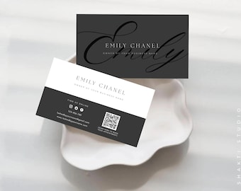 Elegante biglietto da visita nero di lusso, modello Canva con codice QR (download digitale)