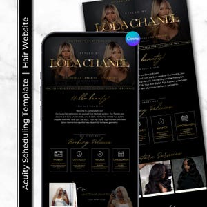 May include: A black and gold hair website template on a smartphone and a flyer. The website displays "LOLA CHANEL" in gold lettering, with text about hair extensions and booking policies. The flyer also features the "LOLA CHANEL" logo.