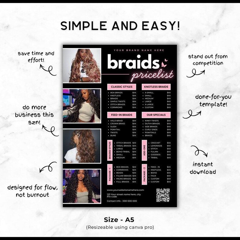 Puede incluir: Una plantilla de lista de precios de trenzas en blanco y negro con im&aacute;genes de muestra de varios estilos de trenzas. La plantilla de tama&ntilde;o A5 incluye trenzas cl&aacute;sicas, sin nudos y de alimentaci&oacute;n, con complementos y ofertas especiales. El texto incluye "&iexcl;Simple y f&aacute;cil!" y "Descarga instant&aacute;nea."
