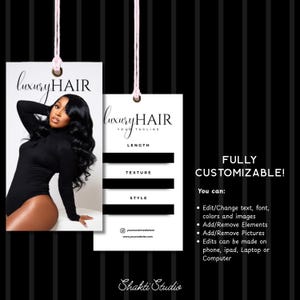 May include: Two white hang tags with pink strings. The tags read "luxury HAIR" and include sections for length, texture, and style. A woman in a black bodysuit is featured on one tag. The text "FULLY CUSTOMIZABLE!" is also visible.