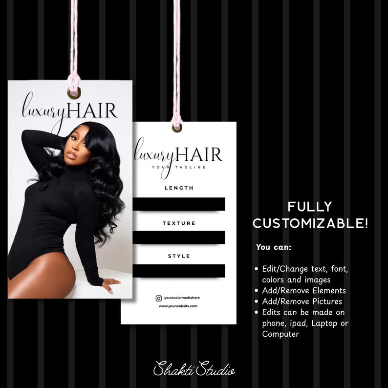 May include: Two white hang tags with pink strings. The tags read "luxury HAIR" and include sections for length, texture, and style. A woman in a black bodysuit is featured on one tag. The text "FULLY CUSTOMIZABLE!" is also visible.
