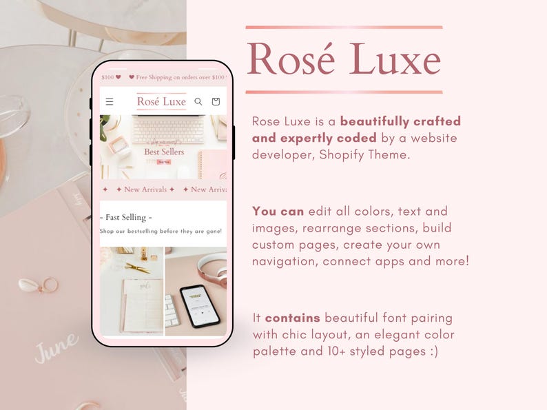 Pink Shopify Theme, Rose Gold Website Template Design, Feminine Shopify Theme Website, Shopify Store Banners, Luxury Shopify Website, Pink image 2