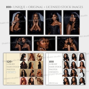 Puede incluir: Una colecci&oacute;n de im&aacute;genes de archivo que presentan a mujeres con varios peinados. Las im&aacute;genes incluyen retratos de primer plano y tomas de cuerpo completo. El texto de la imagen dice "100+ UNIQUE + ORIGINAL + LICENSED STOCK IMAGES" y "120+ LUXURY HAIR STOCK PHOTOS".