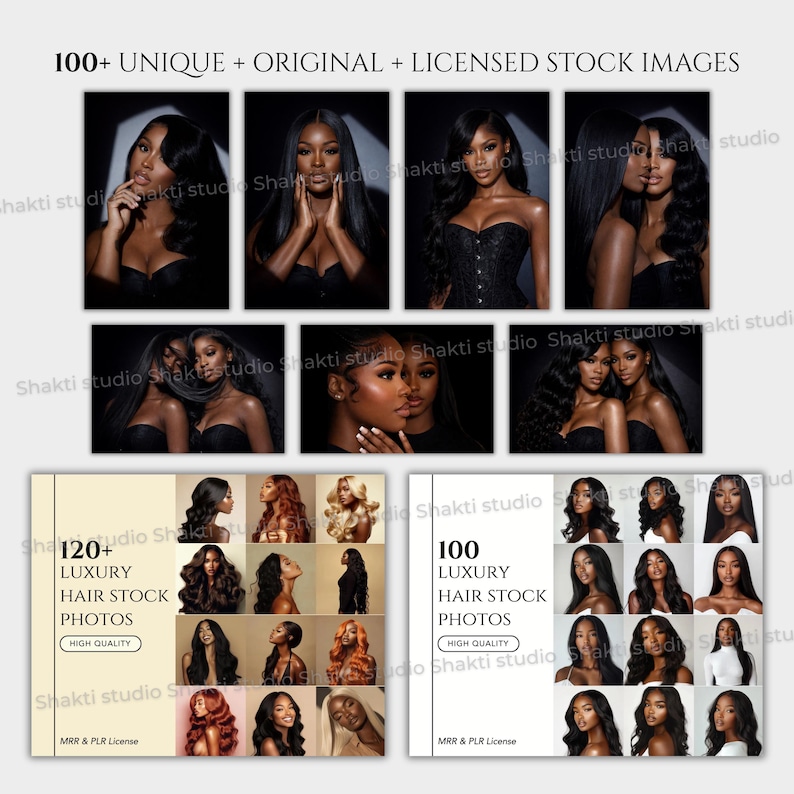 Puede incluir: Una colecci&oacute;n de im&aacute;genes de archivo que presentan a mujeres con varios peinados. Las im&aacute;genes incluyen retratos de primer plano y tomas de cuerpo completo. El texto de la imagen dice "100+ UNIQUE + ORIGINAL + LICENSED STOCK IMAGES" y "120+ LUXURY HAIR STOCK PHOTOS".