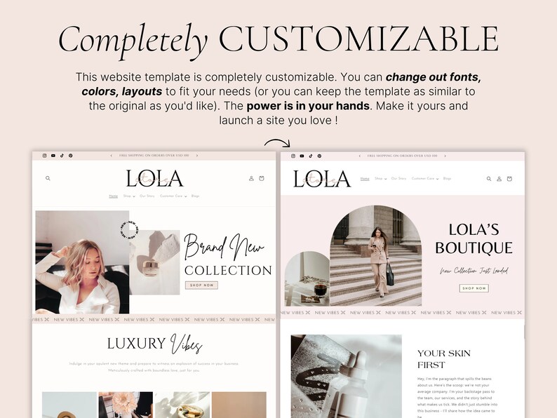 Luxuriöses Shopify-Theme | Boutique-Website-Design in Weiß und Rosa | Anpassbare Shopify-Vorlage im Boho-Stil mit editierbaren Canva-Bannern | Shopify 2.0 Bild 5