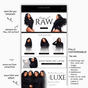 Puede incluir: Una plantilla de sitio web para productos para el cabello Lush Locks. El dise&ntilde;o presenta im&aacute;genes de mujeres con varios peinados, incluyendo cabello ondulado, rizado y liso. El texto incluye "Keep it RAW" y "Shop Now, Pay Later!". La plantilla es totalmente personalizable.