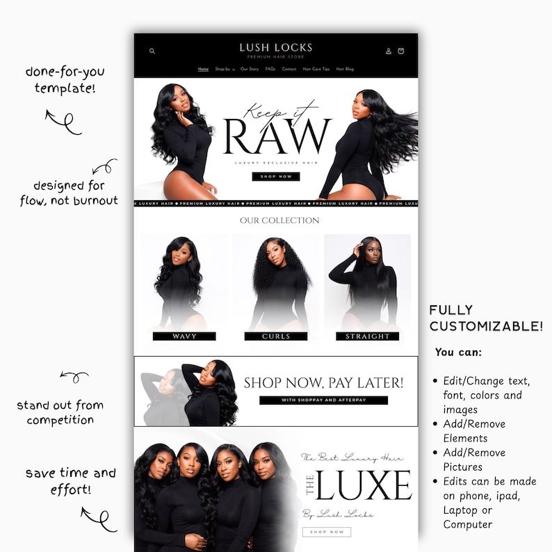 Puede incluir: Una plantilla de sitio web para productos para el cabello Lush Locks. El dise&ntilde;o presenta im&aacute;genes de mujeres con varios peinados, incluyendo cabello ondulado, rizado y liso. El texto incluye "Keep it RAW" y "Shop Now, Pay Later!". La plantilla es totalmente personalizable.