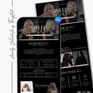 May include: A black and white digital template for a hair stylist's booking site, featuring the text "STYLED BY LOLA" and "HELLO BEAUTY!" on a smartphone screen and a flyer. The template includes sections for contact info, working hours, and booking policies.