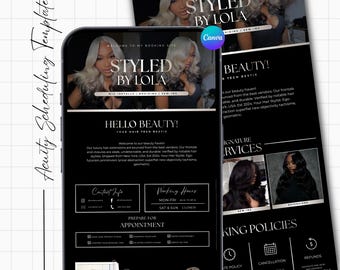 May include: A black and white digital template for a hair stylist's booking site, featuring the text "STYLED BY LOLA" and "HELLO BEAUTY!" on a smartphone screen and a flyer. The template includes sections for contact info, working hours, and booking policies.