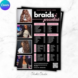 Puede incluir: Una lista de precios de trenzas en negro y rosa con im&aacute;genes de varios peinados trenzados. El folleto incluye secciones para trenzas cl&aacute;sicas y sin nudos, trenzas de alimentaci&oacute;n y ofertas especiales, con precios indicados. La marca est&aacute; arriba.