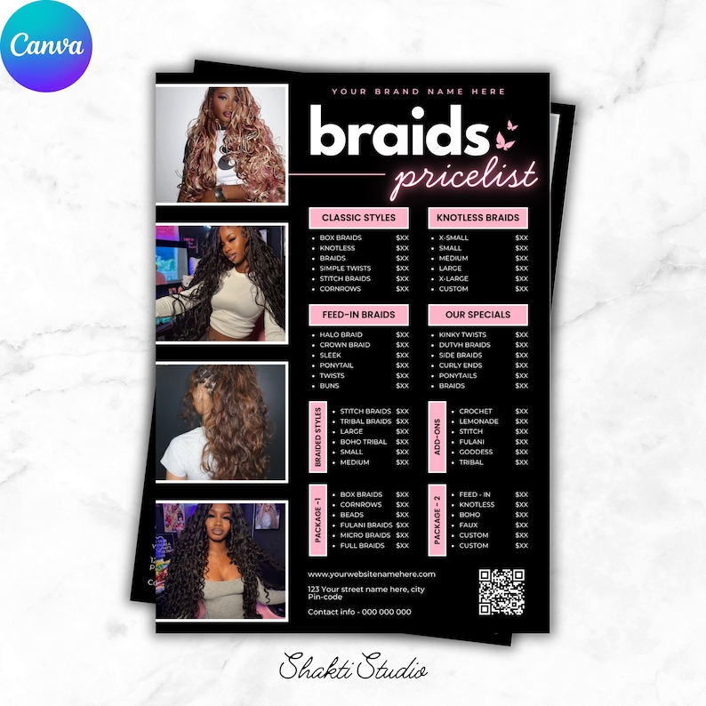 Puede incluir: Una lista de precios de trenzas en negro y rosa con im&aacute;genes de varios peinados trenzados. El folleto incluye secciones para trenzas cl&aacute;sicas y sin nudos, trenzas de alimentaci&oacute;n y ofertas especiales, con precios indicados. La marca est&aacute; arriba.