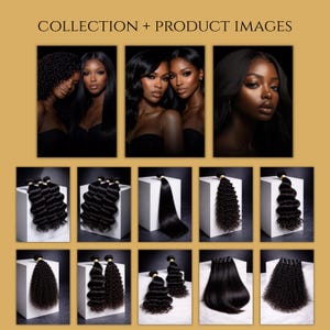 Puede incluir: Colecci&oacute;n de im&aacute;genes de productos que presentan extensiones de cabello y modelos. Las im&aacute;genes muestran diferentes texturas de cabello, incluyendo rizado, ondulado y liso. Los modelos son de diversas etnias, con cabello y tonos de piel oscuros. La est&eacute;tica general es elegante y profesional.