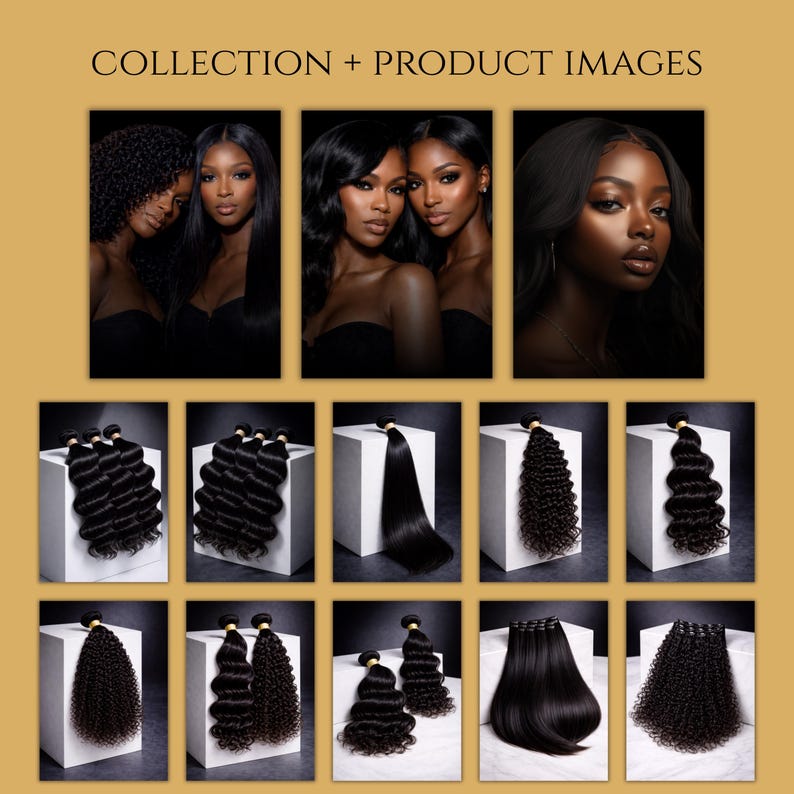 Puede incluir: Colecci&oacute;n de im&aacute;genes de productos que presentan extensiones de cabello y modelos. Las im&aacute;genes muestran diferentes texturas de cabello, incluyendo rizado, ondulado y liso. Los modelos son de diversas etnias, con cabello y tonos de piel oscuros. La est&eacute;tica general es elegante y profesional.