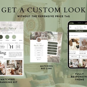 May include: A mockup of a website design for a small business called Hazel & Asher. The website features a color palette, typography, and icons. The website also includes a mood board and a matching branding kit. The website is fully responsive and has a matching bio link.