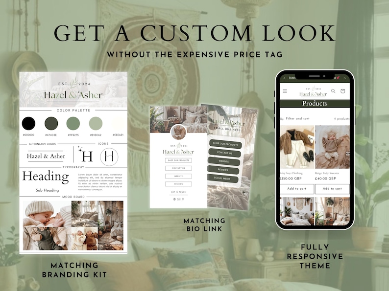 May include: A mockup of a website design for a small business called Hazel & Asher. The website features a color palette, typography, and icons. The website also includes a mood board and a matching branding kit. The website is fully responsive and has a matching bio link.