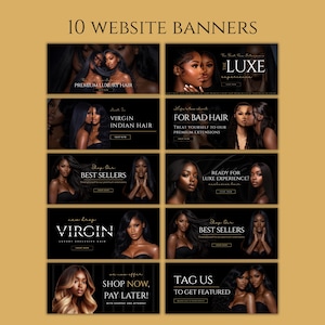 Puede incluir: Diez banners de sitio web con im&aacute;genes de mujeres con cabello largo y suelto. Los banners presentan texto como "Premium Luxury Hair", "Virgin Indian Hair" y "Best Sellers". Los banners est&aacute;n sobre un fondo oscuro.