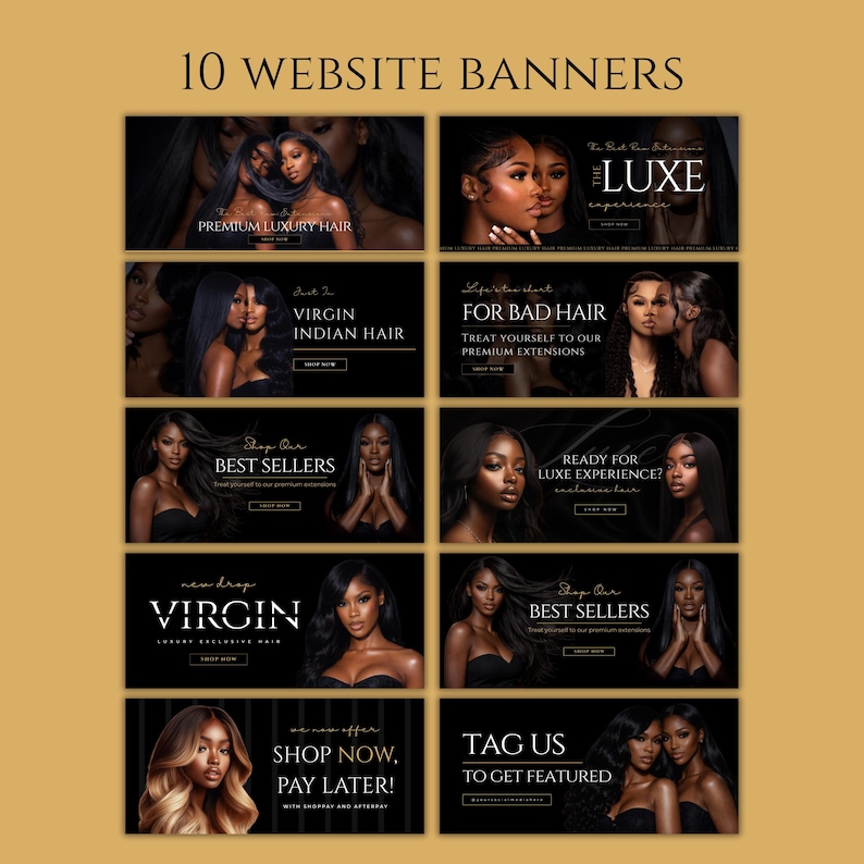 Puede incluir: Diez banners de sitio web con im&aacute;genes de mujeres con cabello largo y suelto. Los banners presentan texto como "Premium Luxury Hair", "Virgin Indian Hair" y "Best Sellers". Los banners est&aacute;n sobre un fondo oscuro.