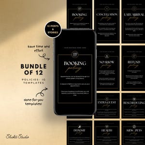 May include: A set of 12 Instagram policy templates in black and gold, ideal for IG posts and stories. The templates cover various policies, including booking, cancellation, late arrival, no-show, refund, extra guest, rescheduling, deposit, health, and kids/pets.
