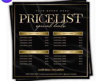Bewerkbare gouden prijslijstsjabloon, doe-het-zelfprijslijst, digitale download, prijslijst schoonheidssalon, Instagram-prijslijstflyer