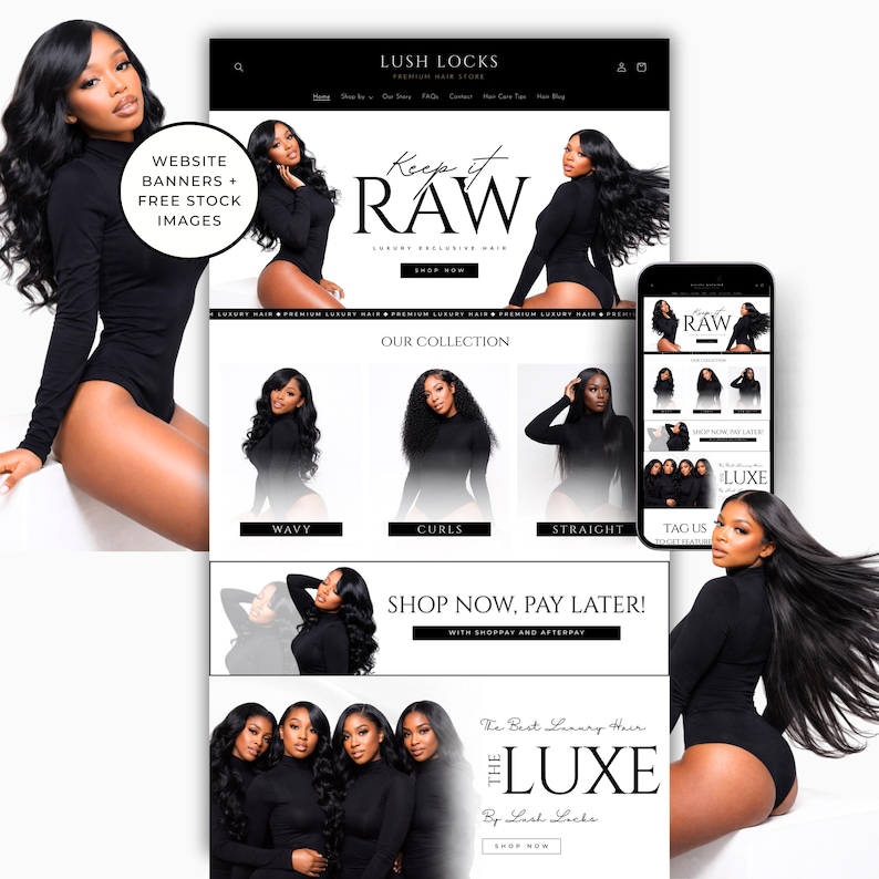Puede incluir: Una maqueta de sitio web para Lush Locks, una tienda de cabello premium, con banners e im&aacute;genes de archivo gratuitas. El sitio muestra varios estilos de cabello, incluyendo ondulado, rizado y liso, con el texto "Keep it RAW" y "The Luxe". Un tel&eacute;fono m&oacute;vil muestra el sitio web.