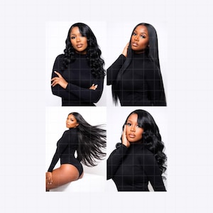 May include: Four images of a person with long, black hair wearing a black turtleneck bodysuit. The hair is styled in different ways, including straight and wavy. The background is white with a grid pattern.