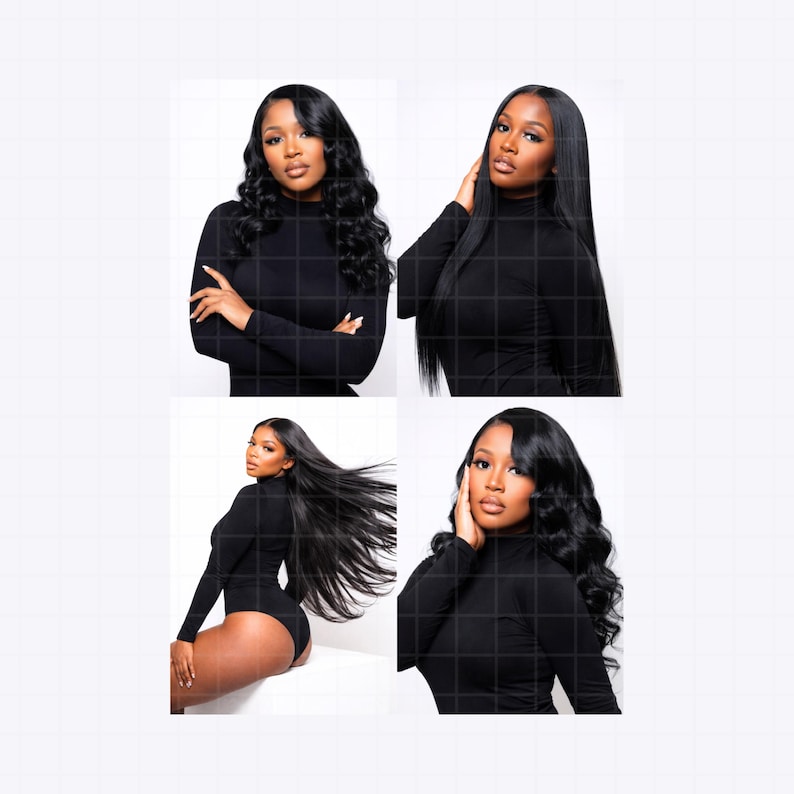 May include: Four images of a person with long, black hair wearing a black turtleneck bodysuit. The hair is styled in different ways, including straight and wavy. The background is white with a grid pattern.