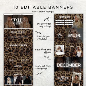 May include: A digital marketing template with 10 editable banners. The design features a leopard print background and includes text such as "Styled by Latisha", "Hello Beauty!", and "December". The template is designed for beauty services.