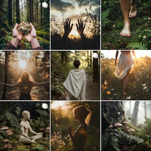 May include: A collection of nine images with a nature theme. The images feature hands holding flowers, silhouettes of hands reaching towards the sky, bare feet walking on moss, and people in a forest setting. The images are bathed in warm sunlight.