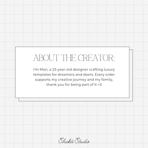 May include: A white rectangular graphic with the text "ABOUT THE CREATOR:" followed by a description of the creator, Mon, and their work. The text is in a serif font. The graphic is on a white grid background. The Shakti Studio logo is at the bottom.